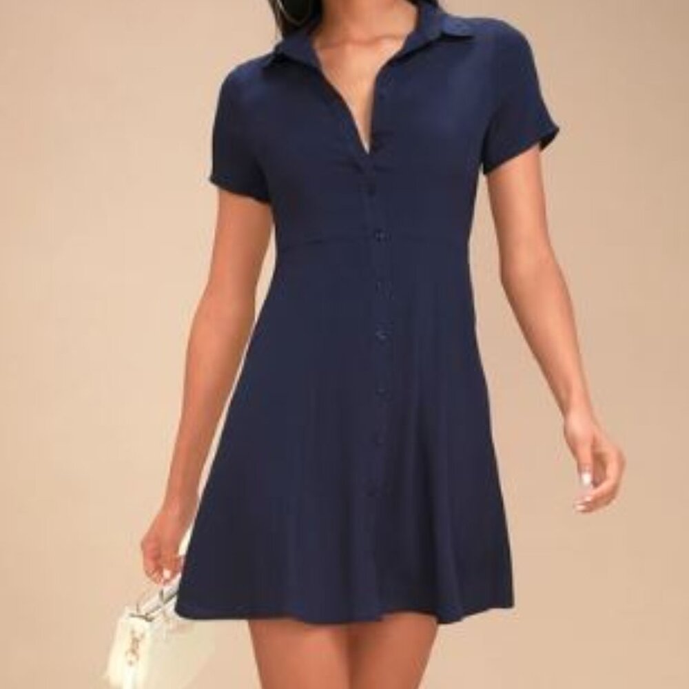 NEW! Lulu's Daily Delight Navy Blue Collared Button-Up Skater Dress